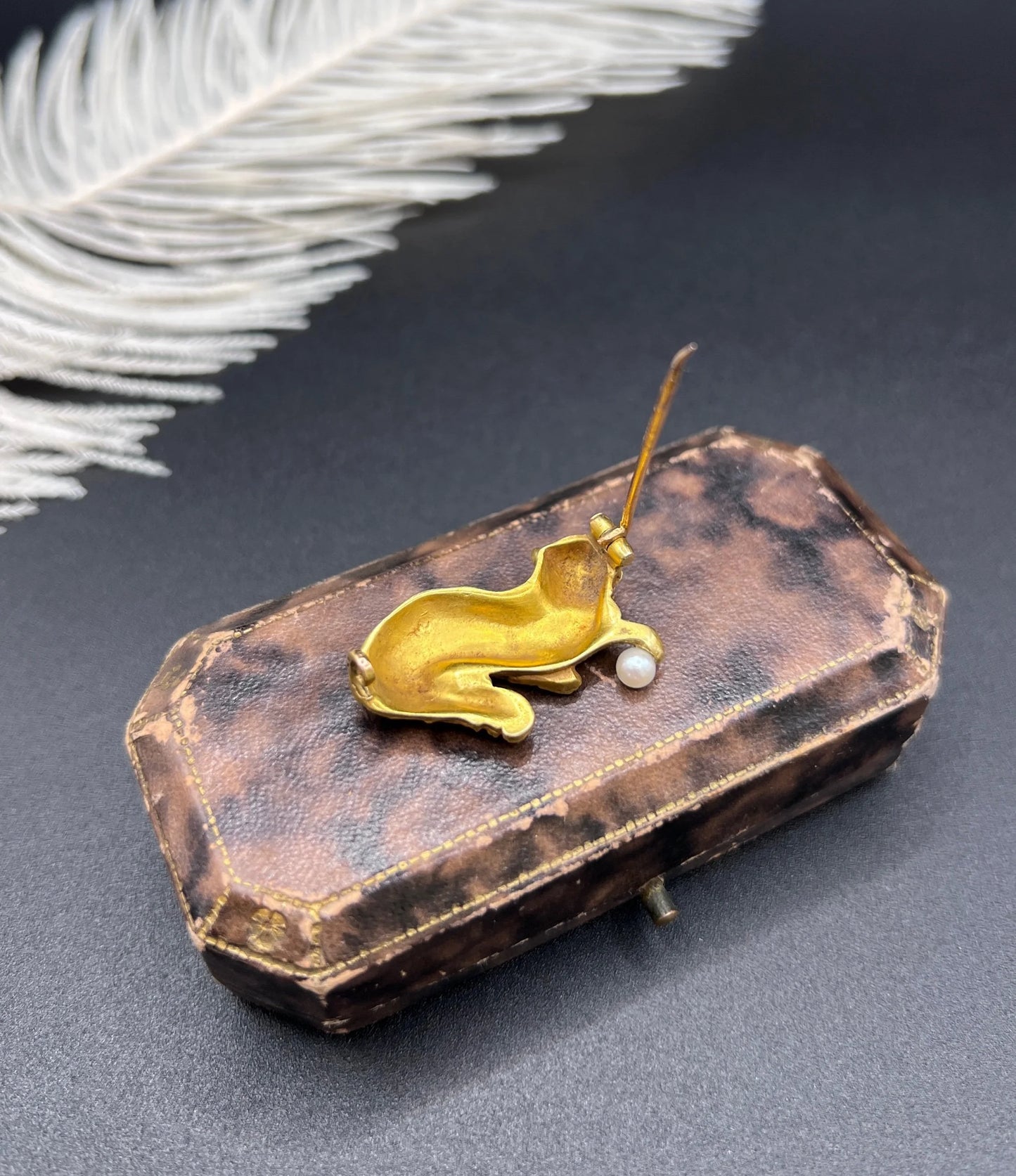 Edwardian 18 Carat Gold Cat Playing with Pearl Ball Brooch, Circa 1910