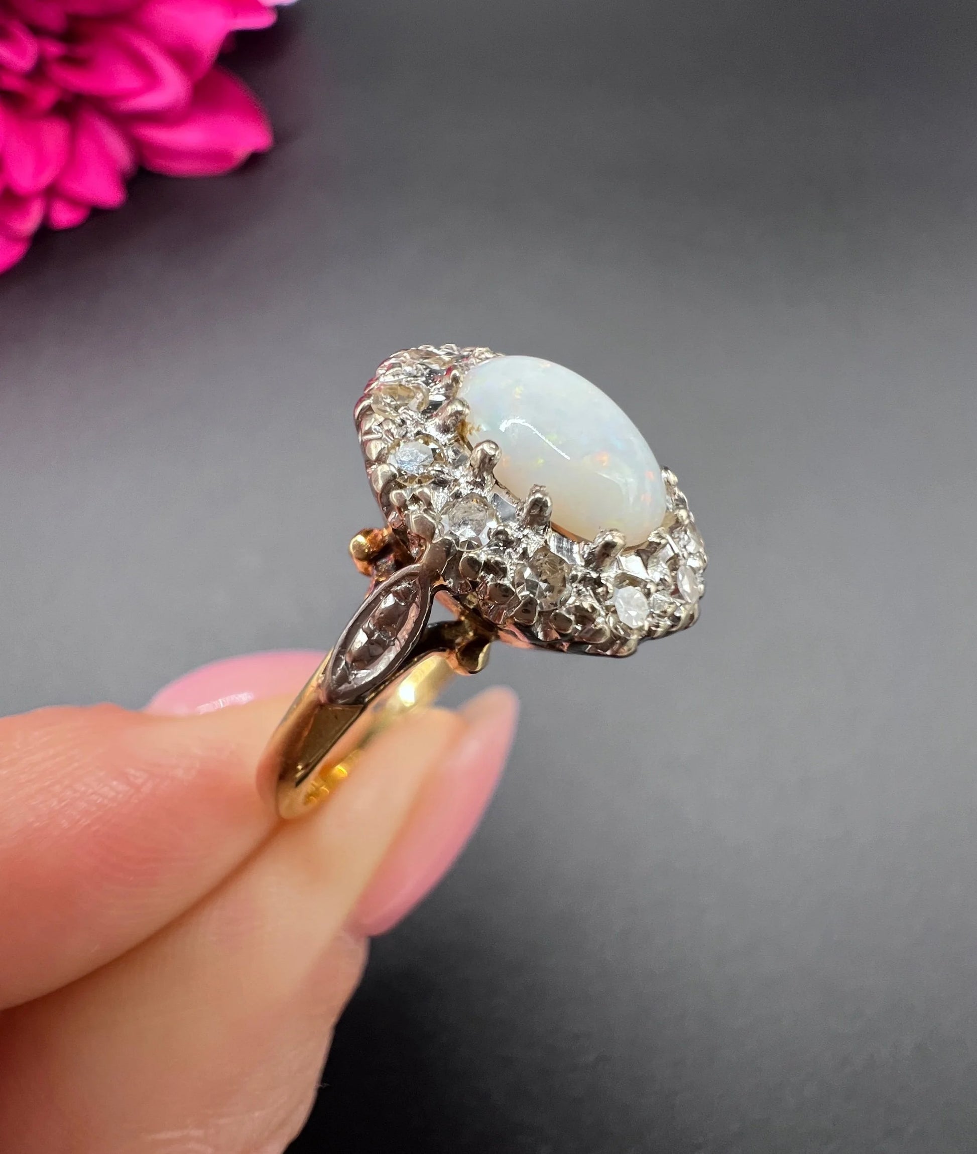 Vintage 18 Carat Yellow Gold Opal and Diamond Oval Cluster Ring, Hallmarked 1963