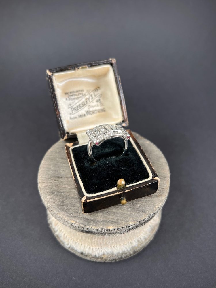Vintage Diamond And Ruby Buckle Style Cocktail Ring In Platinum