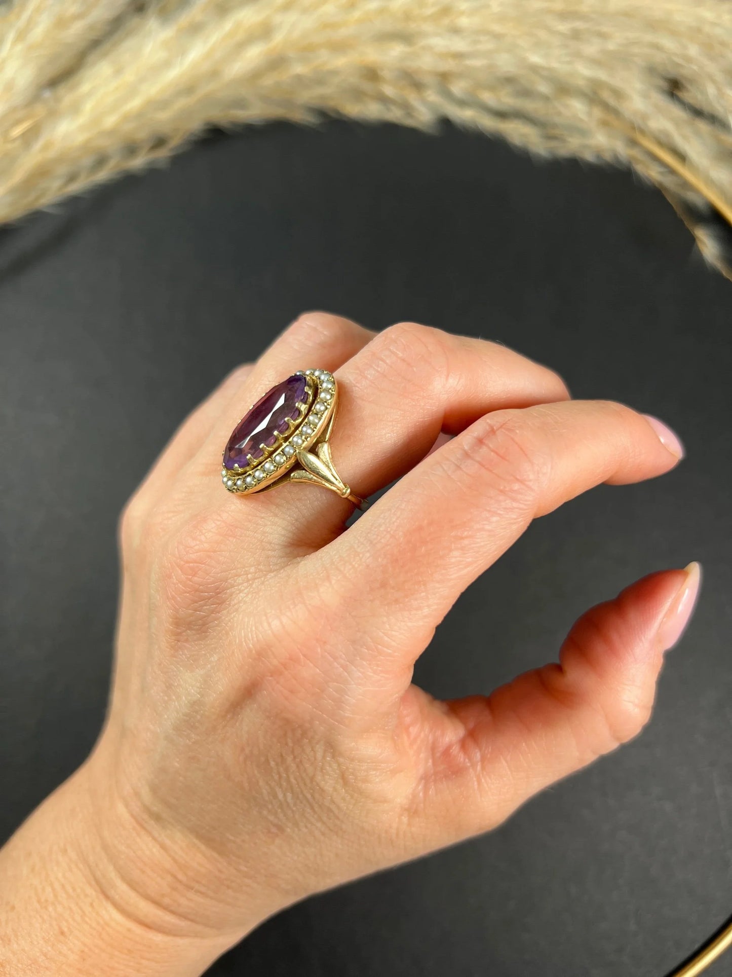 Vintage 9ct Gold, Hallmarked London 1966, Large Faceted Amethyst & Seed Pearl Cocktail Ring
