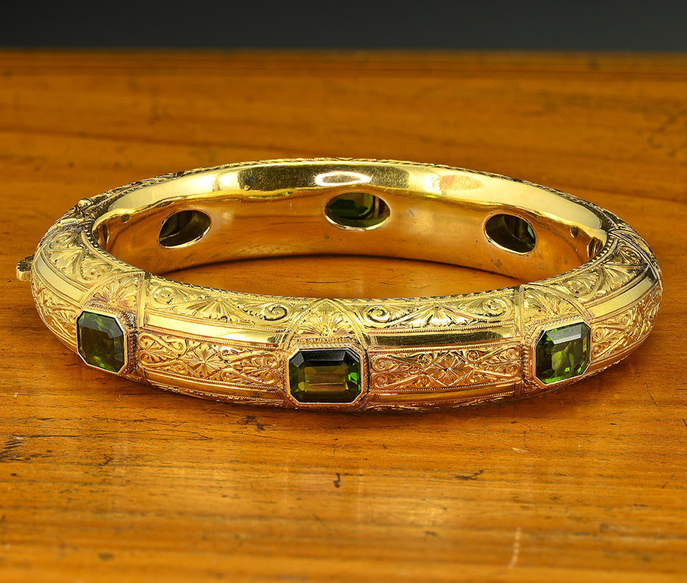 Antique Green Tourmaline Ornate Engraved Carved 18ct Yellow Gold Bangle Bracelet