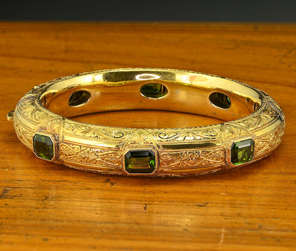 Antique Green Tourmaline Ornate Engraved Carved 18ct Yellow Gold Bangle Bracelet