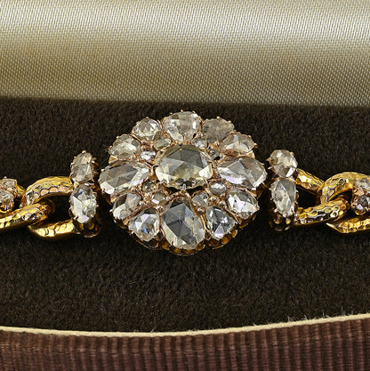 Victorian Antique 5.20ct Rose Cut Diamond Cluster 10ct Yellow Gold Curb Bracelet