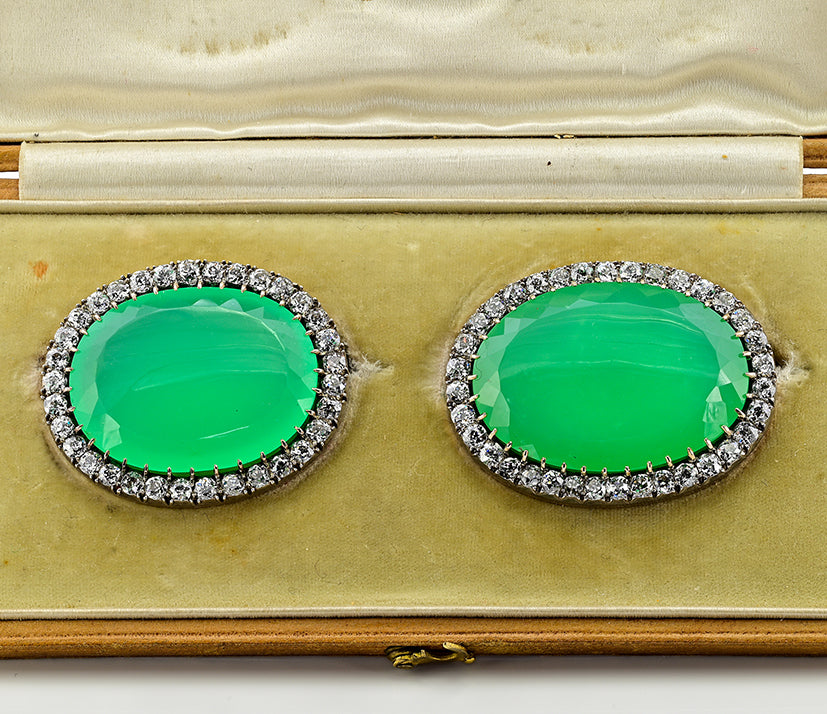 Victorian Antique 127.5cts Chrysoprase and 11ct Old Mine Cut Diamond Cluster Twin Brooch