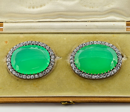 Victorian Antique 127.5cts Chrysoprase and 11ct Old Mine Cut Diamond Cluster Twin Brooch