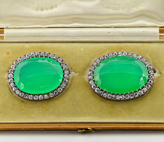 Victorian Antique 127.5cts Chrysoprase and 11ct Old Mine Cut Diamond Cluster Twin Brooch
