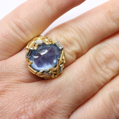 Vintage Cabochon Cut Ceylon Sapphire and Diamond Ring; Sri Lanka sapphire within striking ring composed of 18ct gold sticks, Signed Grima, Circa 1960-70s