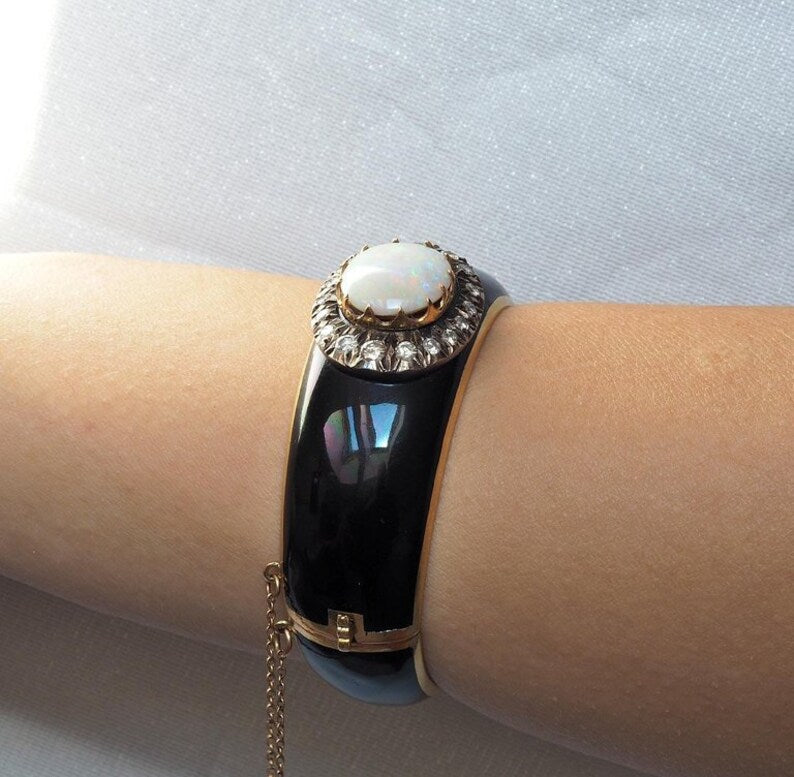 Antique Victorian 7ct Natural Harlequin Opal Diamond Enamel Gold Bangle Bracelet