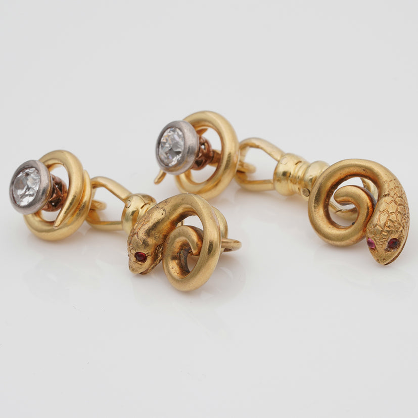 Victorian Antique Gold Snake Cufflinks with Old Mine Cut Diamonds and Ruby Eyes