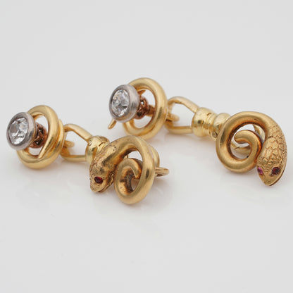 Victorian Antique Gold Snake Cufflinks with Old Mine Cut Diamonds and Ruby Eyes