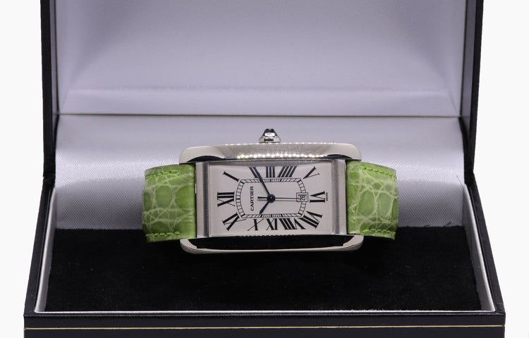Cartier Tank Americaine 1741 Large Model 18ct White Gold Automatic Watch on a Cartier green leather strap, Circa 2005