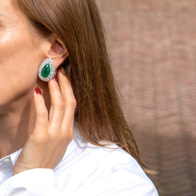 Pear Cabochon Cut Emerald and Diamond Double Cluster Earrings, Emeralds 23.36 carats Diamond 10.03 carats