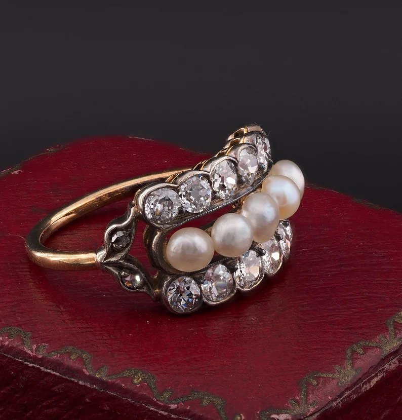 Art Deco Natural Pearl and 1.90ct Old Mine Cut Diamond Dress Ring