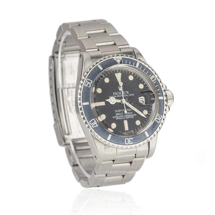 Rolex Oyster Perpetual Date Submariner 1680 Stainless Steel 40mm Automatic Watch with Blue Bezel