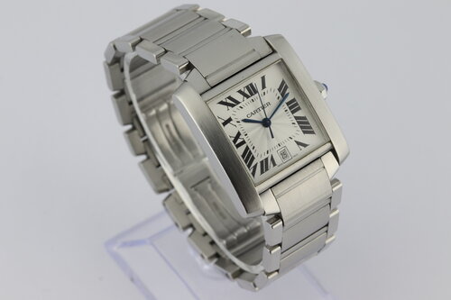 Cartier Tank Francaise 28mm Stainless Steel Automatic 2302 Watch, silver guilloche dial, blued steel hands, date indicator, sapphire crystal, sapphire cabochon crown, stainless steel bracelet with hidden double-fold clasp, from 2003, with Cartier papers.