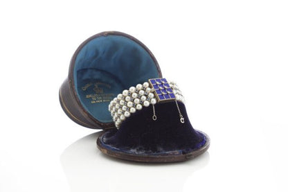 Akoya Pearl and Aquamarine Bracelet, Blue Enamel and Diamond Clasp