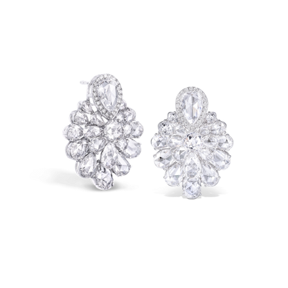 Diamond Flower Cluster Earrings; crafted with forty rose-cut diamonds, in a step setting to enhance their floral form, 9.95 carat total, 18ct white gold