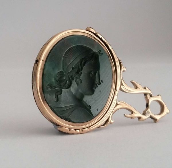 Antique Georgian Carved Bloodstone Oval Swivel Seal; double sided, engraved both sides, gold mounted, Circa 1780