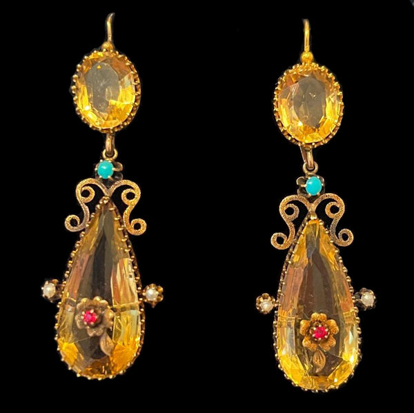 Antique Citrine and Gold Drop Earrings with turquoise and pearls
