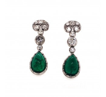 Cabochon-Cut Emerald and Old-Cut Diamond Drop Earrings, 15.50ct total
