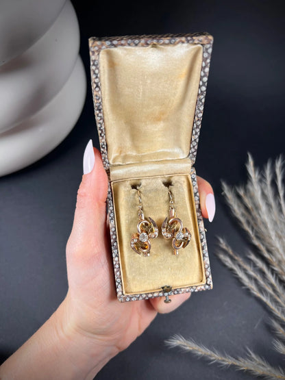 Victorian 12 Carat Gold Diamond and Pearl Drop Earrings, Circa 1880