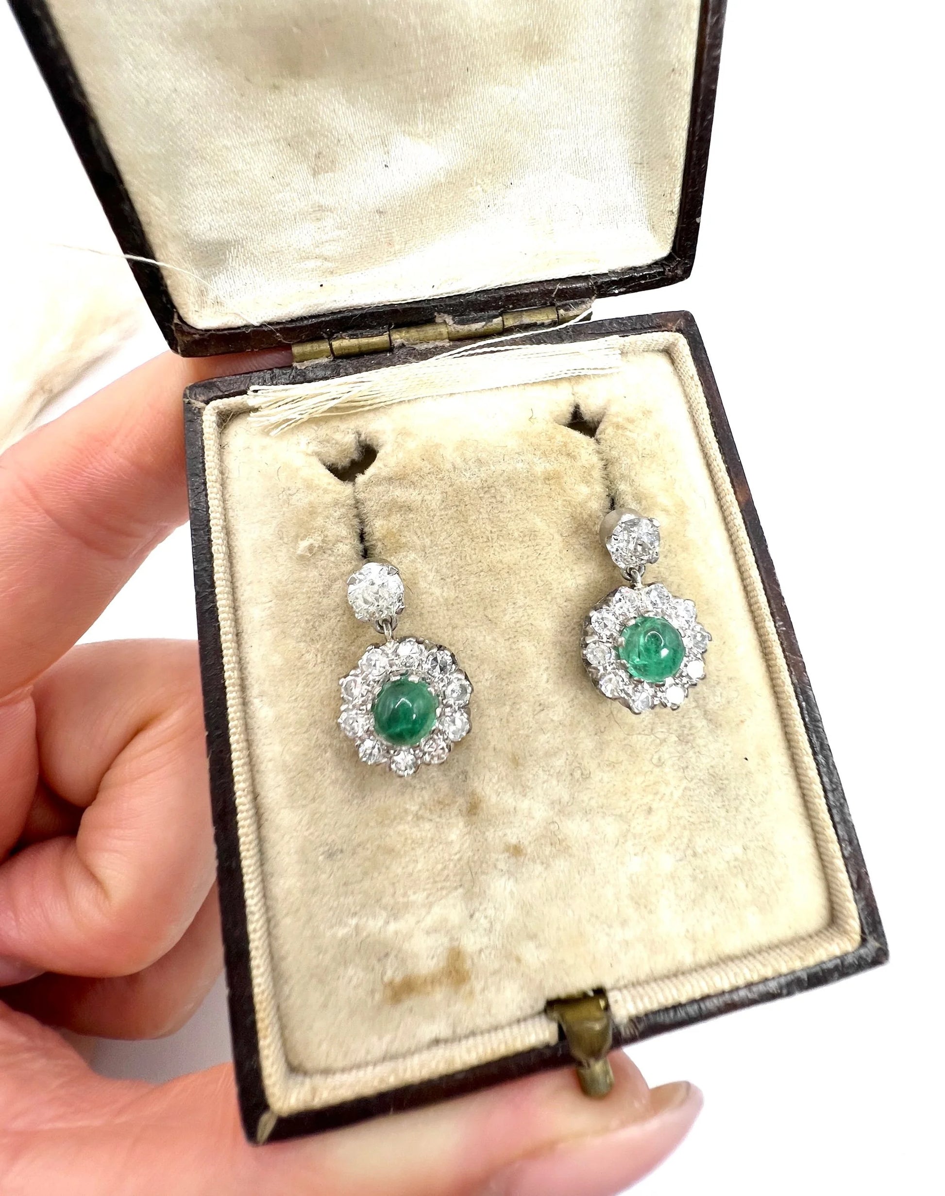 Vintage 1940s Cabochon Emerald and Diamond Daisy Cluster Drop Earrings