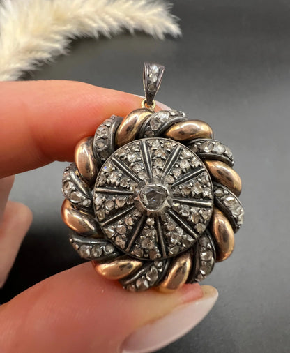 Victorian 18 Carat Yellow Gold and Platinum Diamond Catherine Wheel Pendant