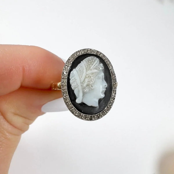 Victorian 18 Carat Gold Diamond and Hardstone Cameo Portrait Ring, Circa 1880