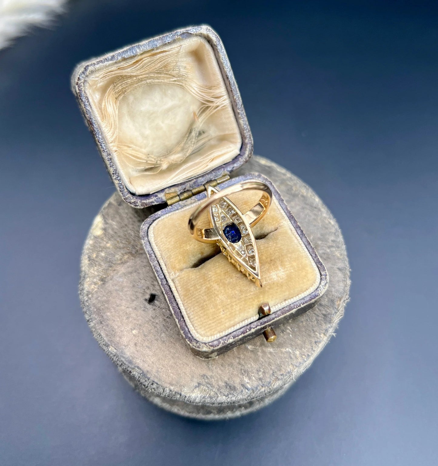 Antique 9 ct Yellow Gold, Victorian Sapphire And Diamond Marquise Navette Shaped Ring
