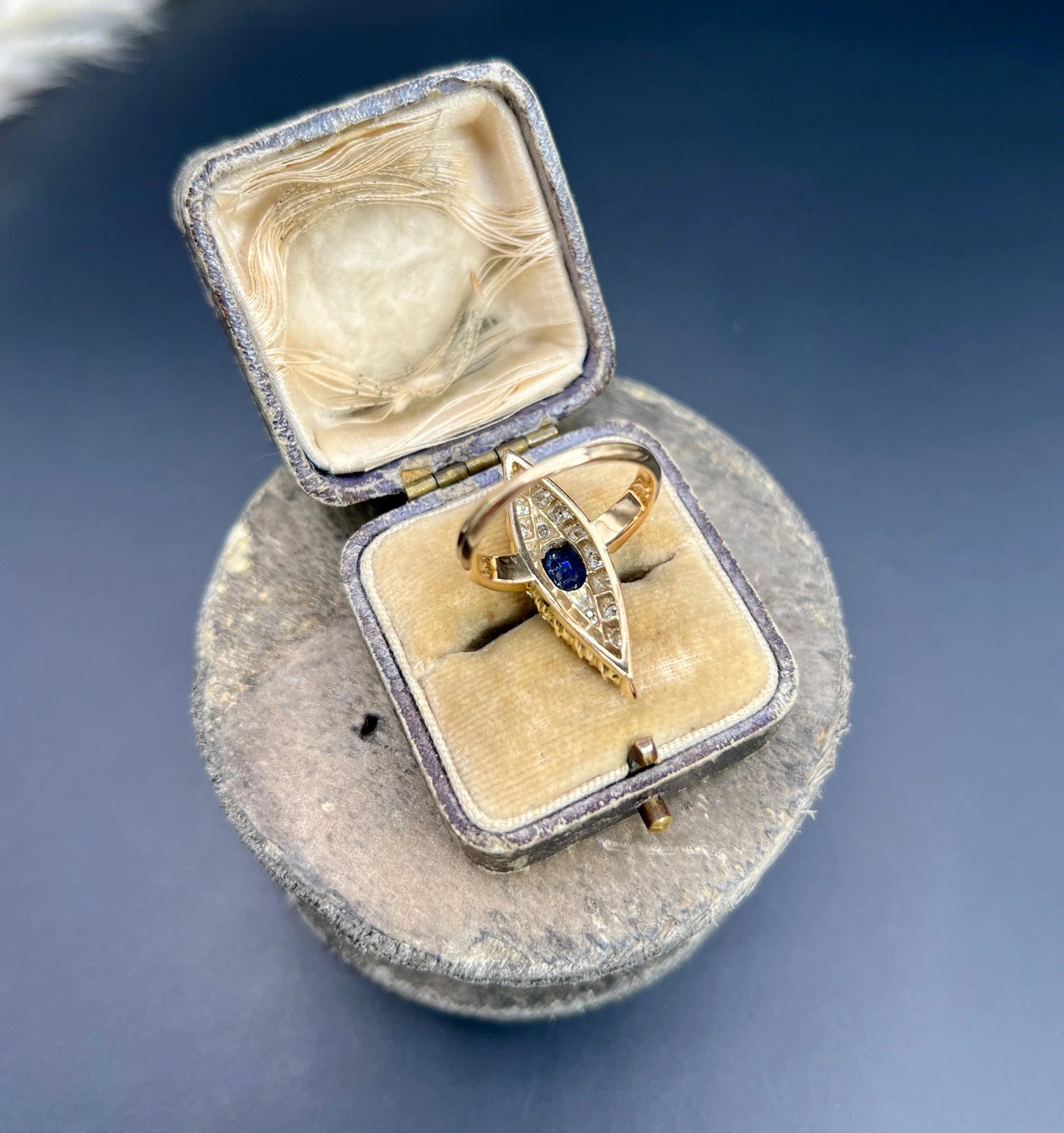 Antique 9 ct Yellow Gold, Victorian Sapphire And Diamond Marquise Navette Shaped Ring