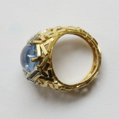 Vintage Grima Cabochon Ceylon Sapphire, Diamond Ring, 18ct Gold
