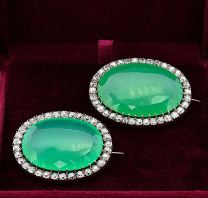 Victorian Antique 127.5cts Chrysoprase and 11ct Old Mine Cut Diamond Cluster Twin Brooch