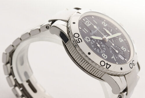 Breguet Type XX Stainless Steel Automatic Chronograph 39mm Watch; black dial, Arabic numerals, luminous hands, stainless steel bracelet strap, with box and papers