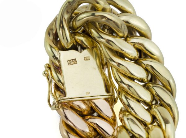 Vintage 14ct Tri Colour Gold Gents Cuban Bracelet; chunky Men's link bracelet crafted from 14ct yellow, white and rose gold, Circa 1990's