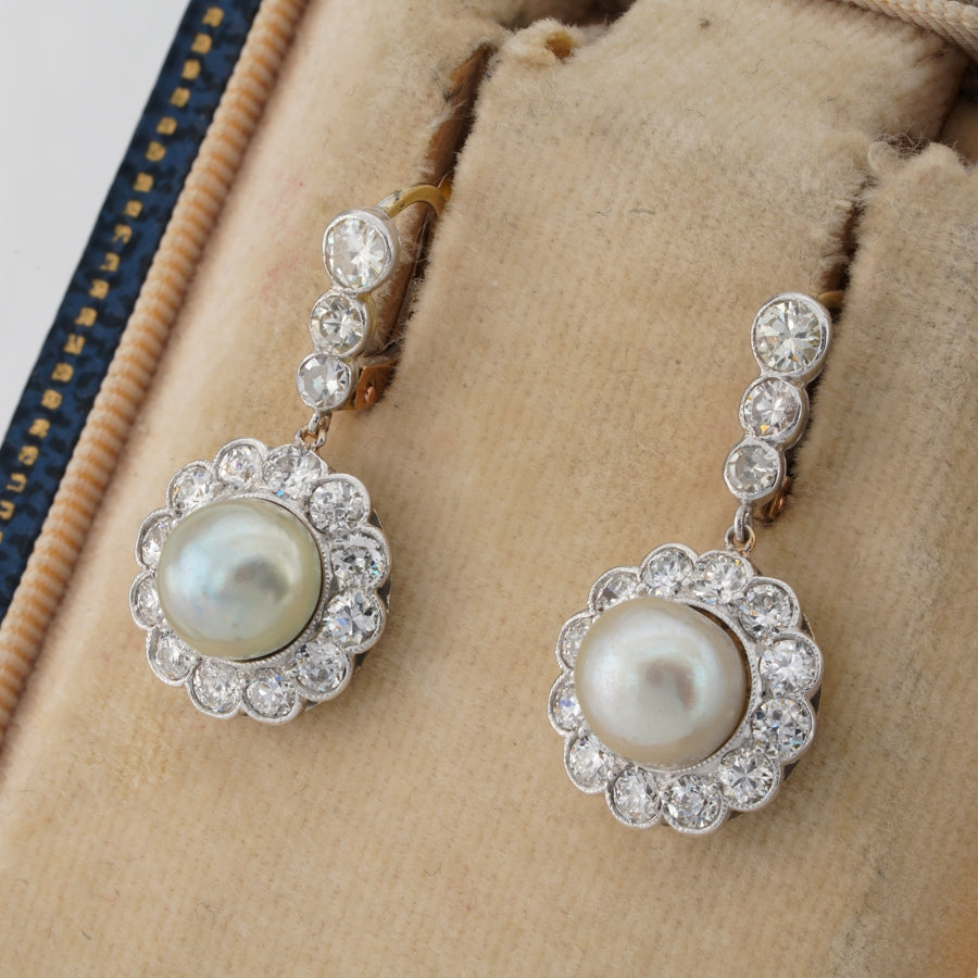 Antique Edwardian Pearl and Diamond Cluster Drop Earrings in Platinum and 18ct Gold