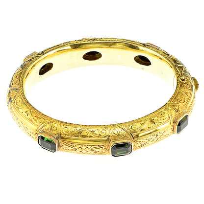 Antique Green Tourmaline Ornate Engraved Carved 18ct Yellow Gold Bangle Bracelet