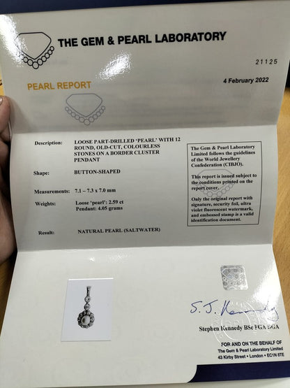 Art Deco Natural Pearl and Old Cut Diamond Cluster Pendant with Certificate