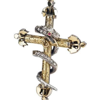 Antique Victorian Old Cut Diamond and Blue Enamel Snake Cross Pendant