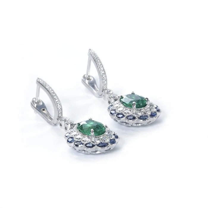Edwardian Style 2.47ct Emerald, Sapphire and Diamond Cluster Drop Earrings