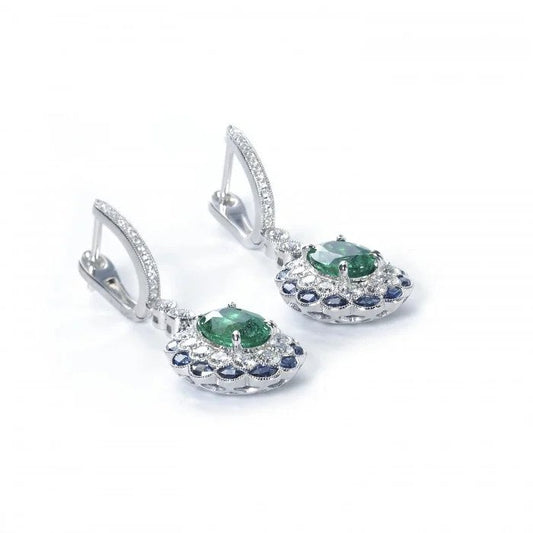 Edwardian Style 2.47ct Emerald, Sapphire and Diamond Cluster Drop Earrings