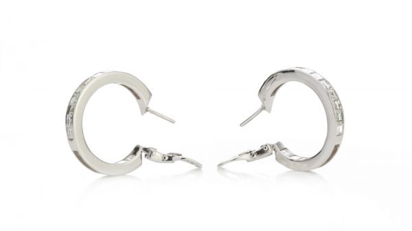 Bvlgari Princess Cut Diamond Hoop Earrings; channel set with square cut diamonds, 1.80 carat total, in 18ct white gold