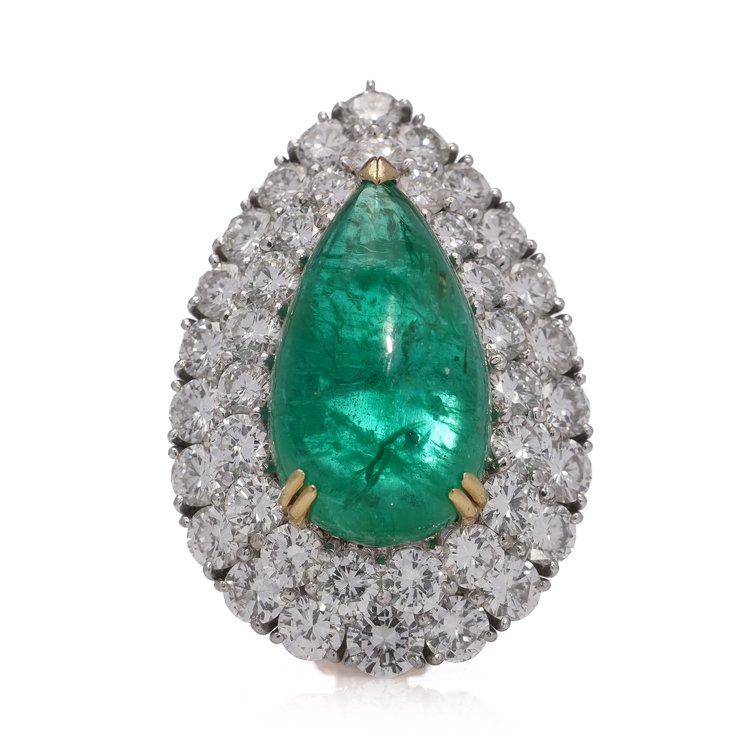 Pear Cabochon Cut Emerald and Diamond Double Cluster Earrings, Emeralds 23.36 carats Diamond 10.03 carats