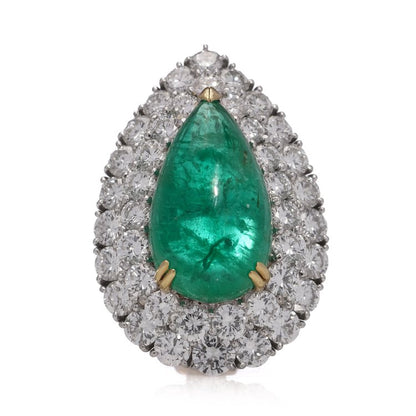 Pear Cabochon Cut Emerald and Diamond Double Cluster Earrings, Emeralds 23.36 carats Diamond 10.03 carats