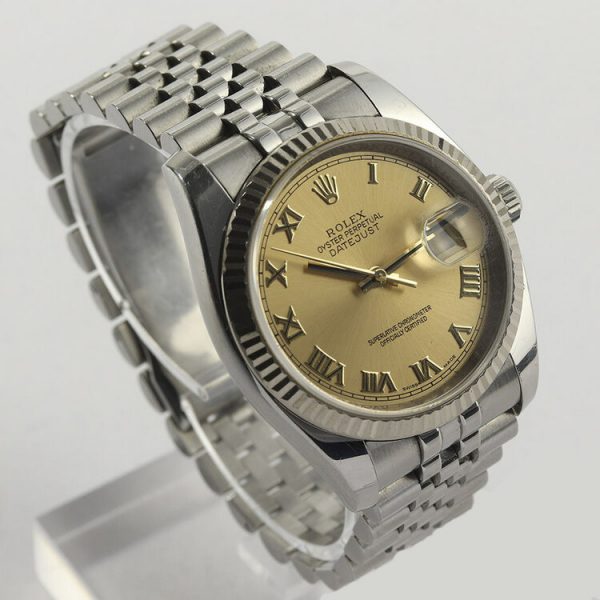 Rolex Datejust 36mm Stainless Steel Automatic Watch with White Gold Bezel and Champagne Dial, ref 116234, on a stainless steel Jubilee bracelet with Crown clasp, Circa 2008-09