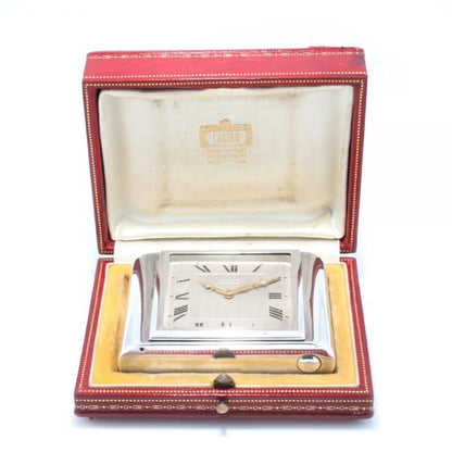 Antique Cartier Sterling Silver Clock, sterling silver case and manual winding movement, in original box, J.C Jacques Cartier, London Import Hallmark Dated 1929