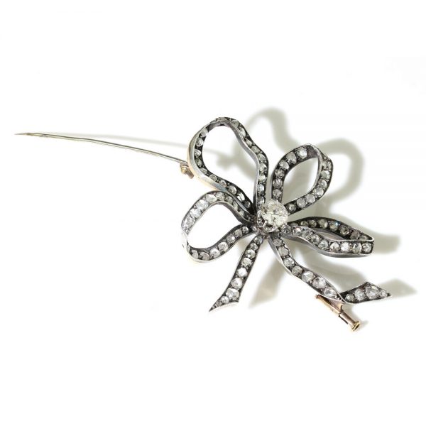 Antique Old Cut Diamond Bow Brooch, 6.55 carat total