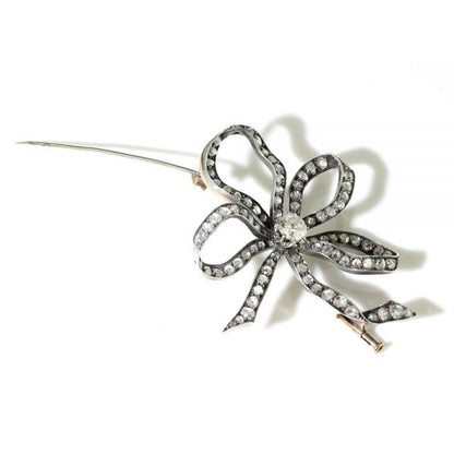 Antique Old Cut Diamond Bow Brooch, 6.55 carat total