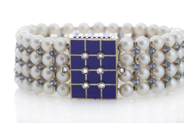 Vintage Akoya Pearl and Aquamarine Bangle Bracelet with Blue Enamel Clasp decorated with Rose-Cut Diamonds, Made in Italy, Circa 1940 - 1950s