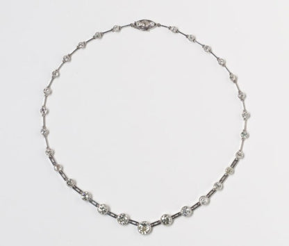 Art Deco Graduated Old Cut Diamond Necklace, 10 carats, thirty-two old-cut diamonds, collet-set with millegrain border, gate-bar links, 18ct white gold.