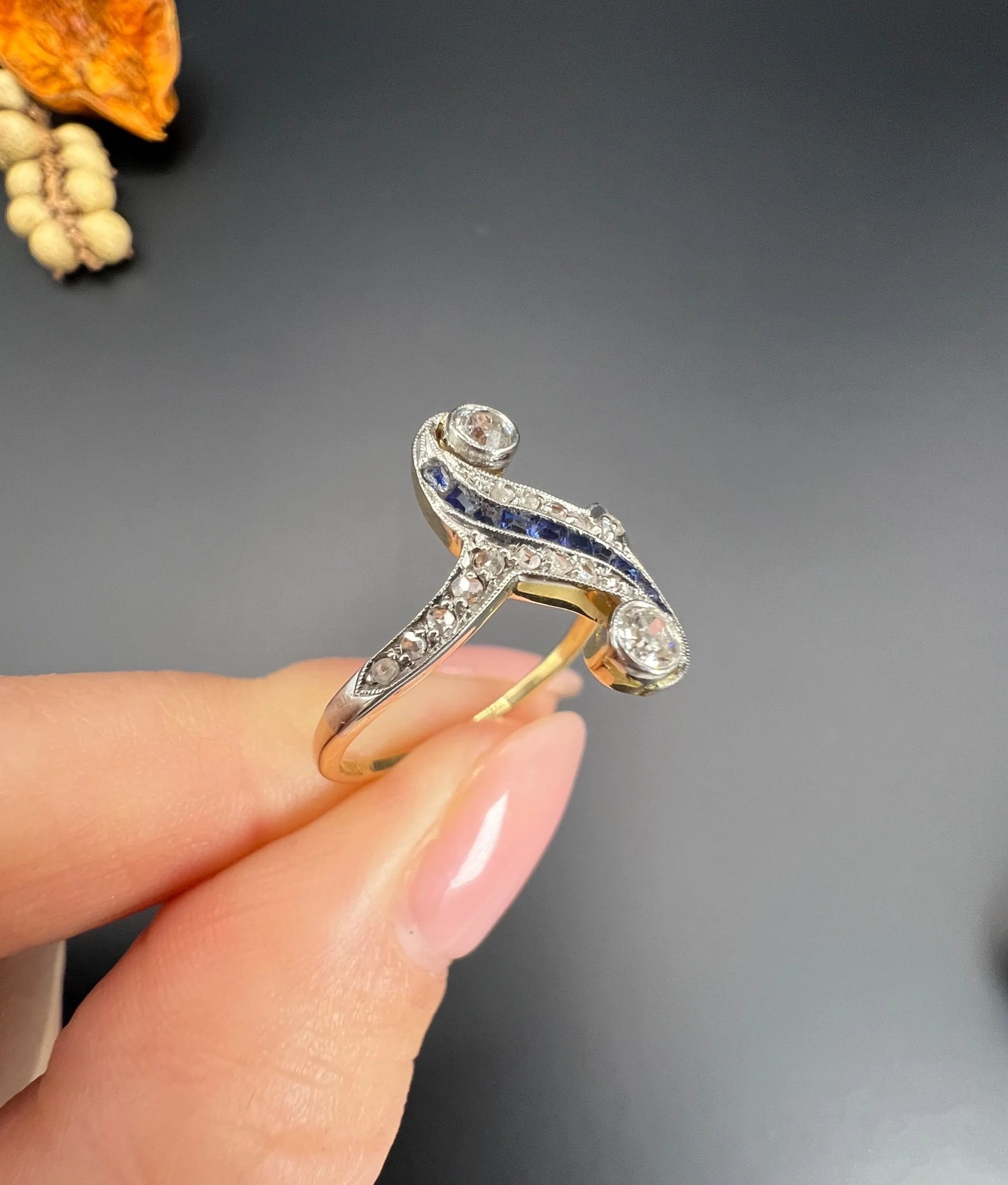 Antique Art Deco 18 Carat Gold And Platinum Sapphire Diamond Swirl Ring
